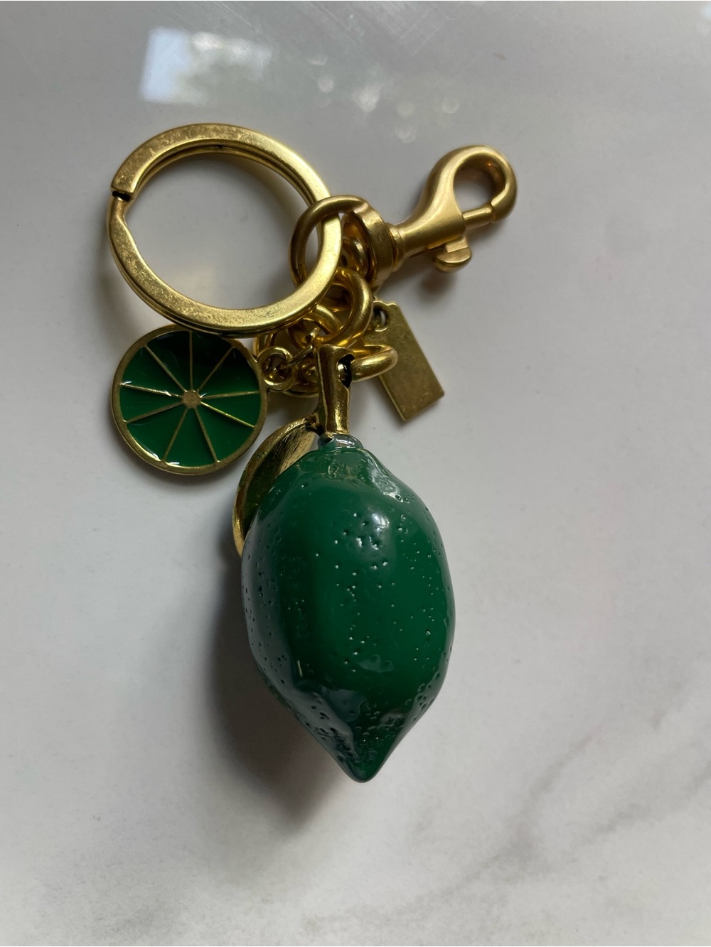 Gold Keyring Charm with Green Lime Pendant